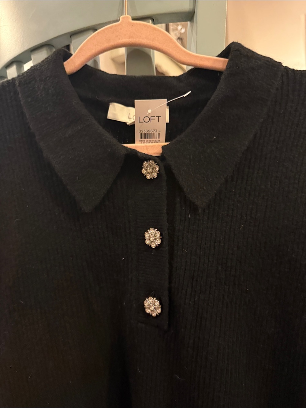 LOFT Black Ribbed Knit Collared Sweater Pullover with Rhinestone Flower Buttons